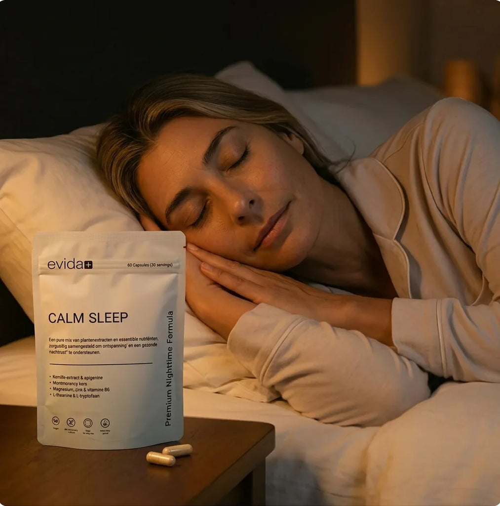 Vrouw slaapt rustig naast de Evida+ Nachtformule op het nachtkastje